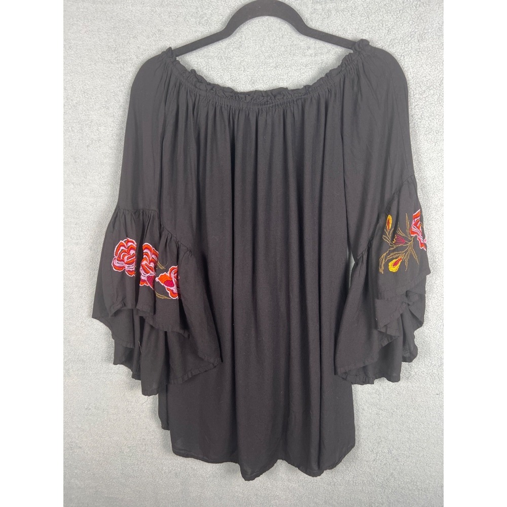 Feathers Black Embroidered Peasant Blouse Off Shoulder Boho Floral Top Medium